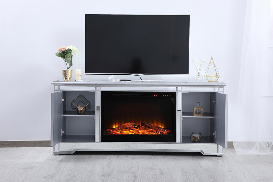 Elegant 60" Mirrored TV Stand with Wood Fireplace Insert - Silver (MF601S-F1)