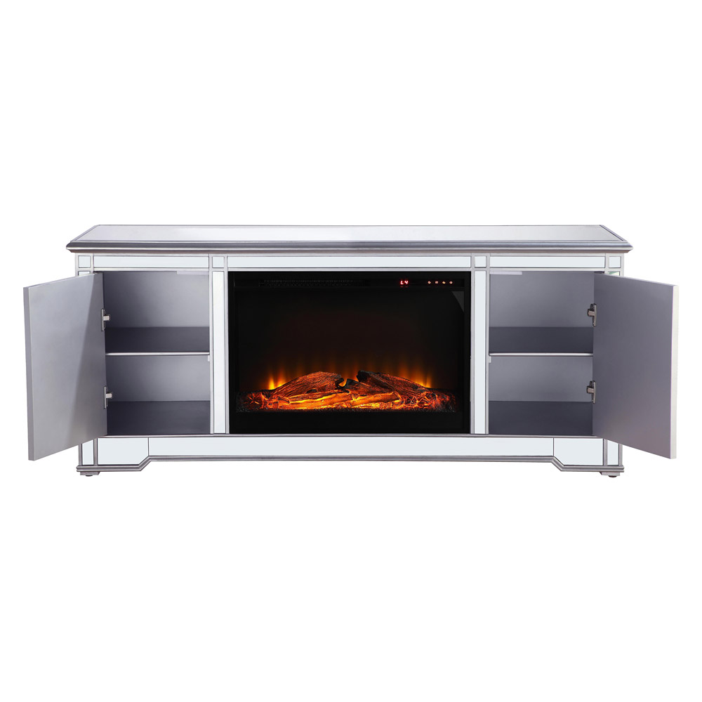 Elegant 60" Mirrored TV Stand with Wood Fireplace Insert - Silver (MF601S-F1)