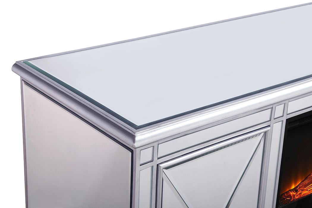 Elegant 60" Mirrored TV Stand with Wood Fireplace Insert - Silver (MF601S-F1)