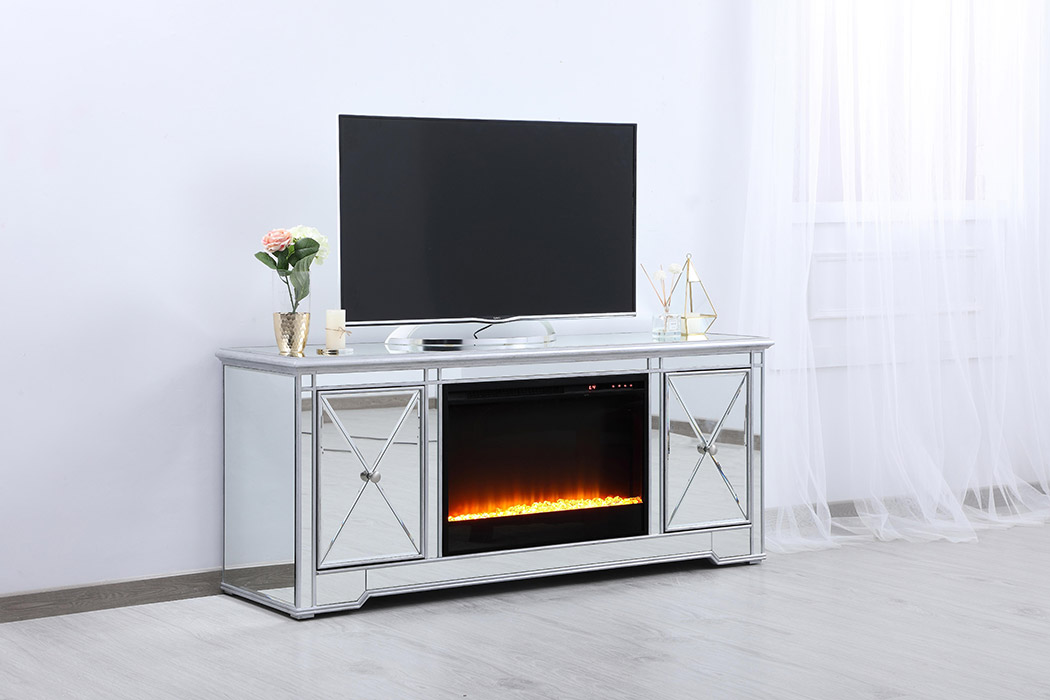 Elegant - Mirrored TV Stand with Wood Fireplace Insert