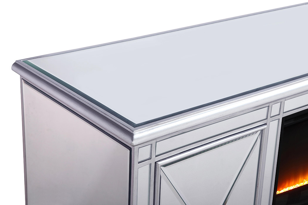 Elegant 60" Mirrored TV Stand with Wood Fireplace Insert - Silver (MF601S-F2)