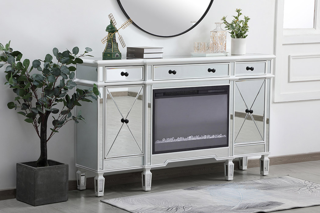 Elegant Contempo 60" Mirrored Credenza with Wood Fireplace - White (MF61060AW-F2)