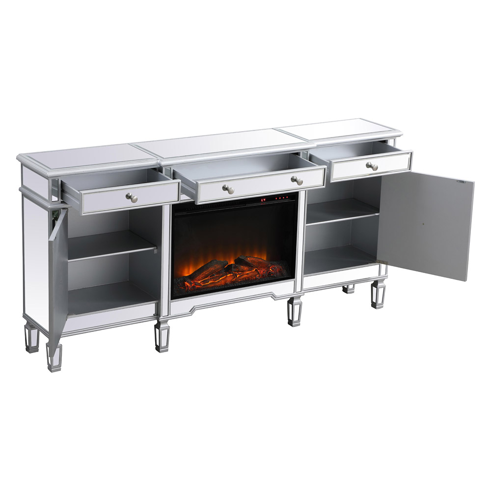 Elegant Contempo 72" Mirrored Credenza with Wood Fireplace - Silver (MF61072SC-F1)