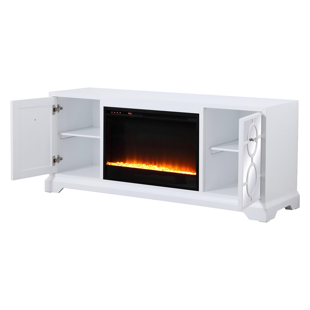Elegant 60" Mirrored TV Stand with Crystal Fireplace Insert - White (MF801WH-F2)
