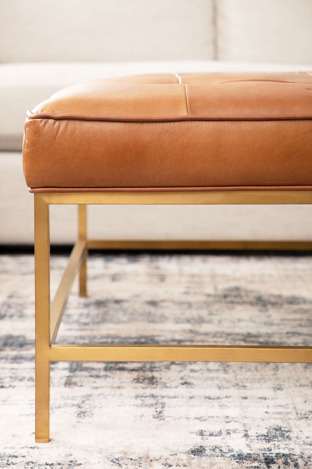 Essentials Brule Upholstered Coffee Table - Whiskey Brown Brushed Brass