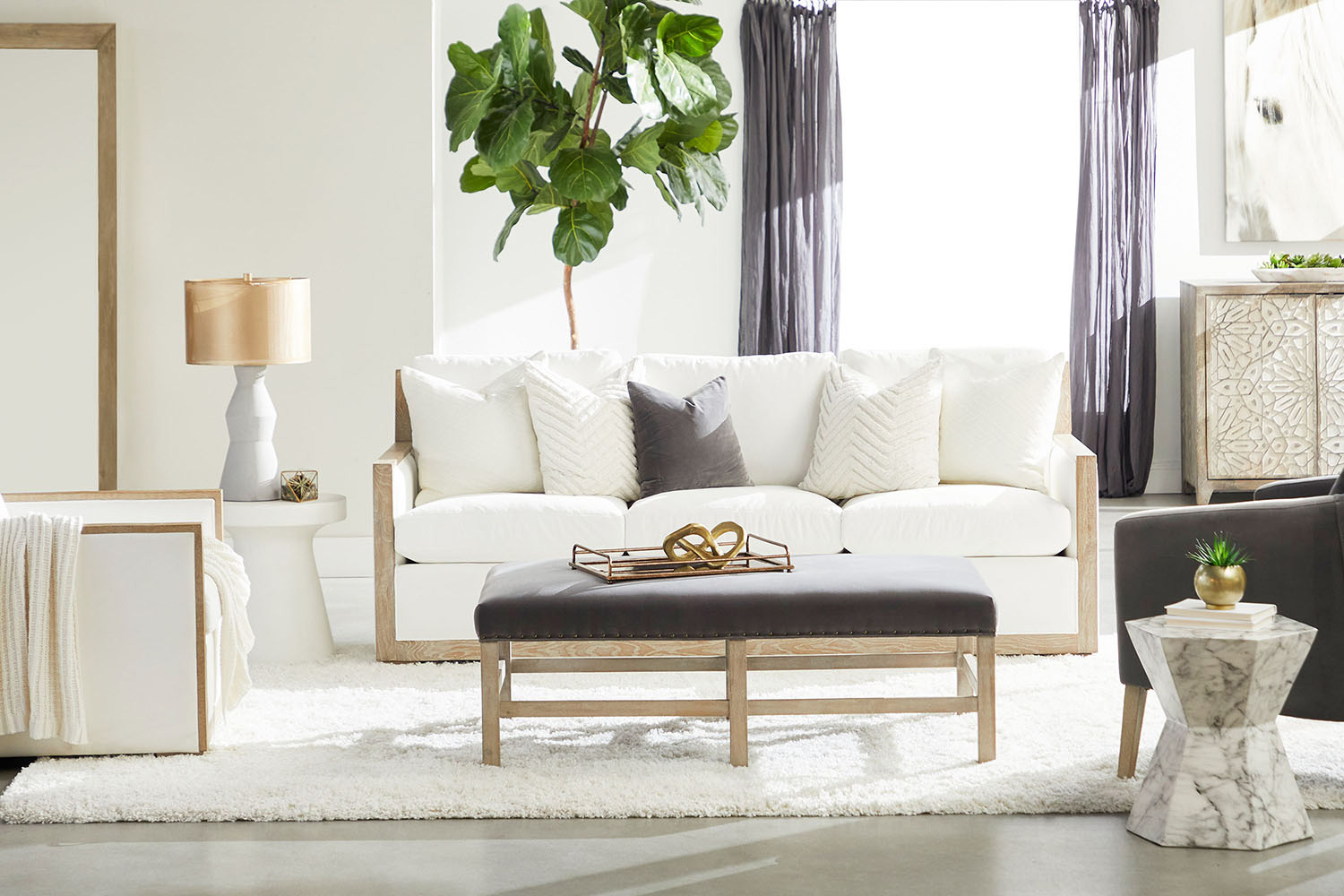 Essentials - Manhattan 85" Wood Trim Sofa in LiveSmart Peyton Pearl Natural Gray
