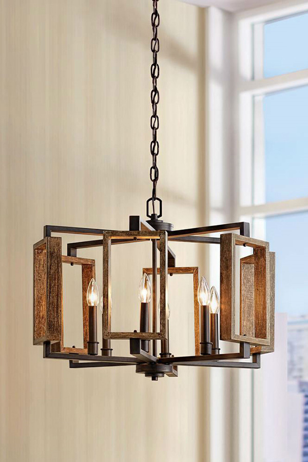 FaFurn - 6-Light Dimmable Aged Bronze Farmhouse Pendant with Wood Accents Chandelier