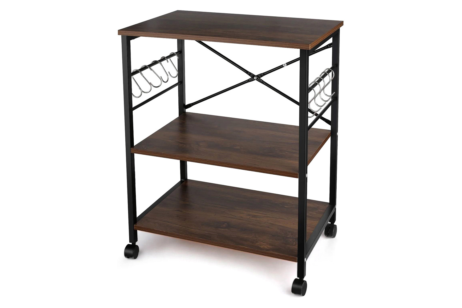 FaFurn - Modern Industrial Black Metal Brown Wood Kitchen Baker'S Rack Microwave Cart