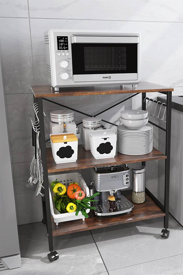 FaFurn - Modern Industrial Black Metal Brown Wood Kitchen Baker'S Rack Microwave Cart