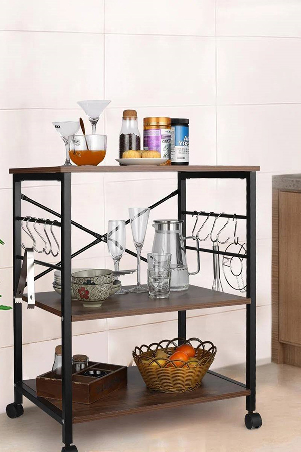 FaFurn - Modern Industrial Black Metal Brown Wood Kitchen Baker'S Rack Microwave Cart