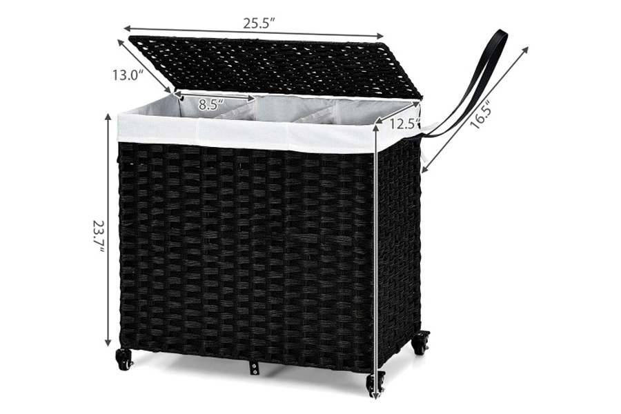 FaFurn - Black 3 Bin Linen Lined On Wheels Pr Rattan Laundry Hamper