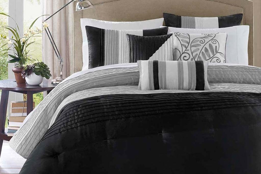 FaFurn 7 Piece Bed in a Bag Comforter Set Faux Silk - Black/Gray, King Size