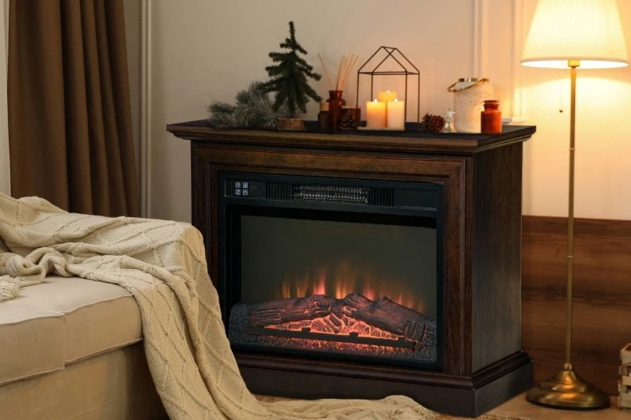 FaFurn 31 Inch Electric Fireplace Heater Dimmable Flame Effect and Mantel with Remote Control - Brown