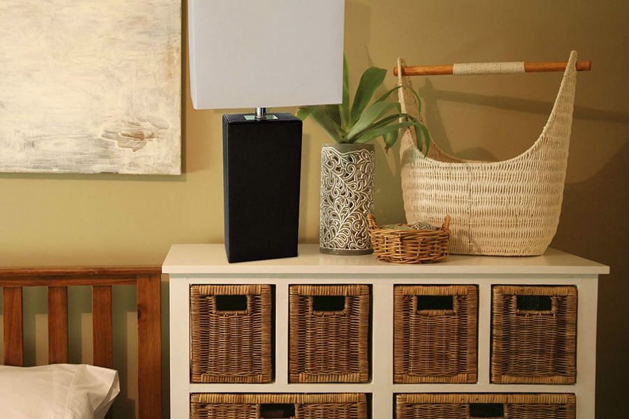 FaFurn - Contemporary Black Leather Table Lamp with White Fabric Shade