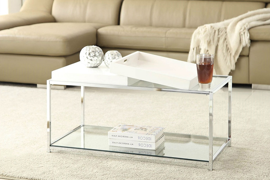 FaFurn - Modern Chrome Metal Coffee Table with 2 White Removable Trays