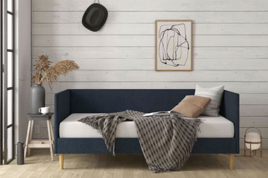 FaFurn - Twin Mid-Century Modern Dark Blue Linen Upholstered Daybed