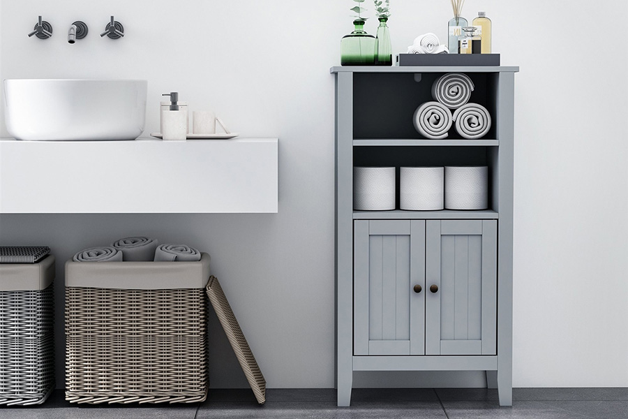 FaFurn - Gray 2 Tier Shelf Hidden Storage Bathroom Floor Cabinet