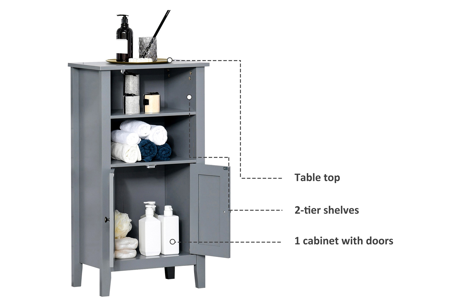 FaFurn - Gray 2 Tier Shelf Hidden Storage Bathroom Floor Cabinet