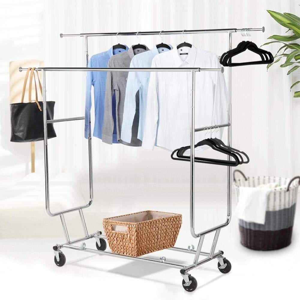 FaFurn - Garment Rack Clothes on Lockable Wheels in Silver, Metal