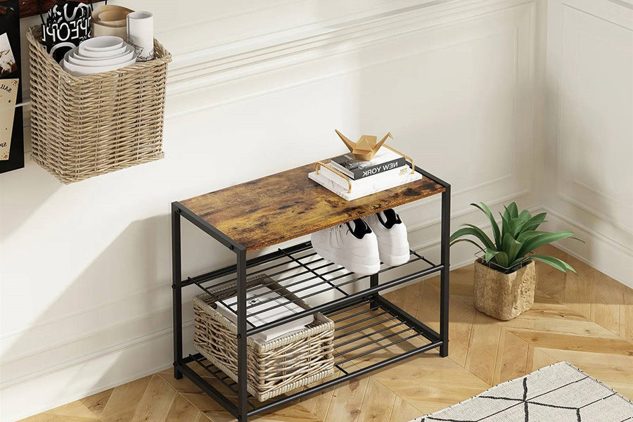 FaFurn - 2-Shelf Entryway Shoe Rack Bench with Black Metal Frame and Brown Wood Top