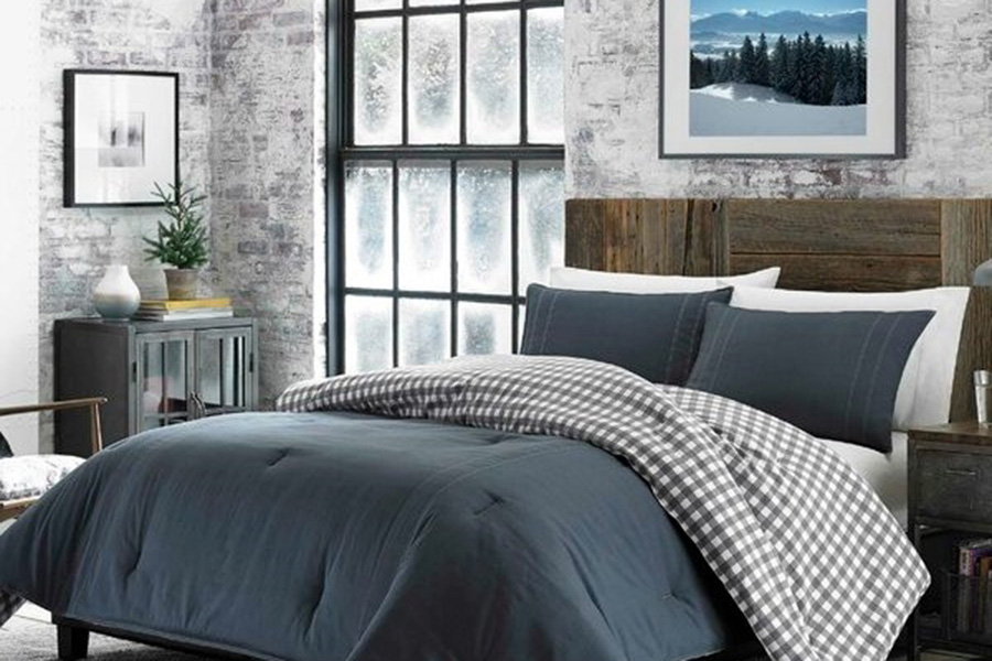 FaFurn - King Size 100% Cotton Reverse Plaid Gray/White Comforter Set