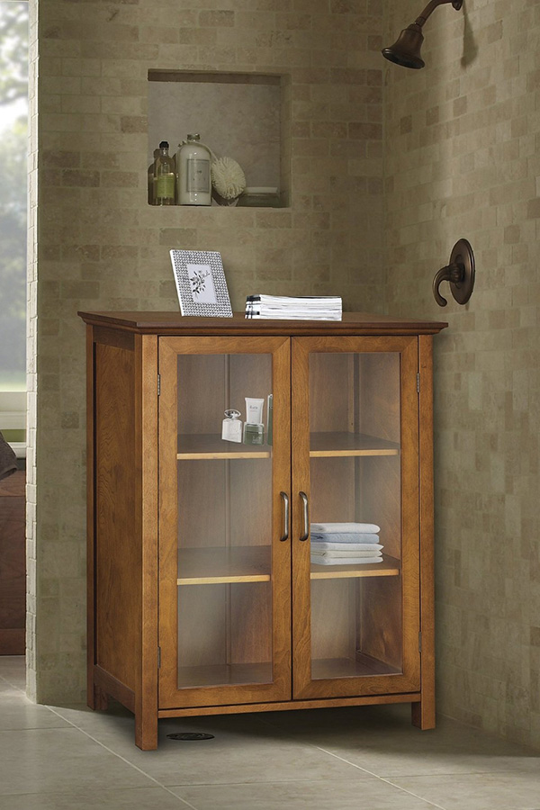 FaFurn - Oak Finish Bathroom Floor Cabinet with 2 Glass Doors & Storage Shelves