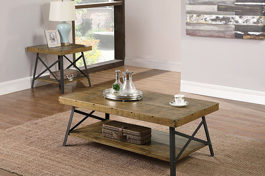 FaFurn - Modern Industrial Style Solid Wood Coffee Table with Steel Legs