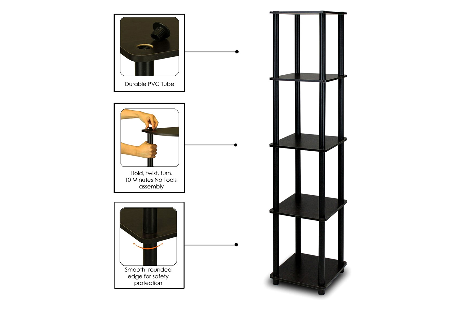 FaFurn - 5-Tier Square Corner Display Shelf Bookcase in Espresso/Black