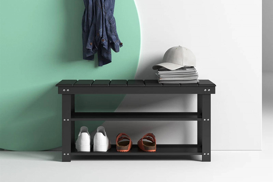 FaFurn Wooden 2-Shelf Shoe Rack Storage Bench - Black