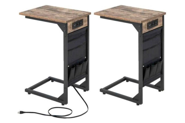 FaFurn - Set of 2 TV Tray End Tables with Storage Bag and Charging Station in Brown, Metal/Wood