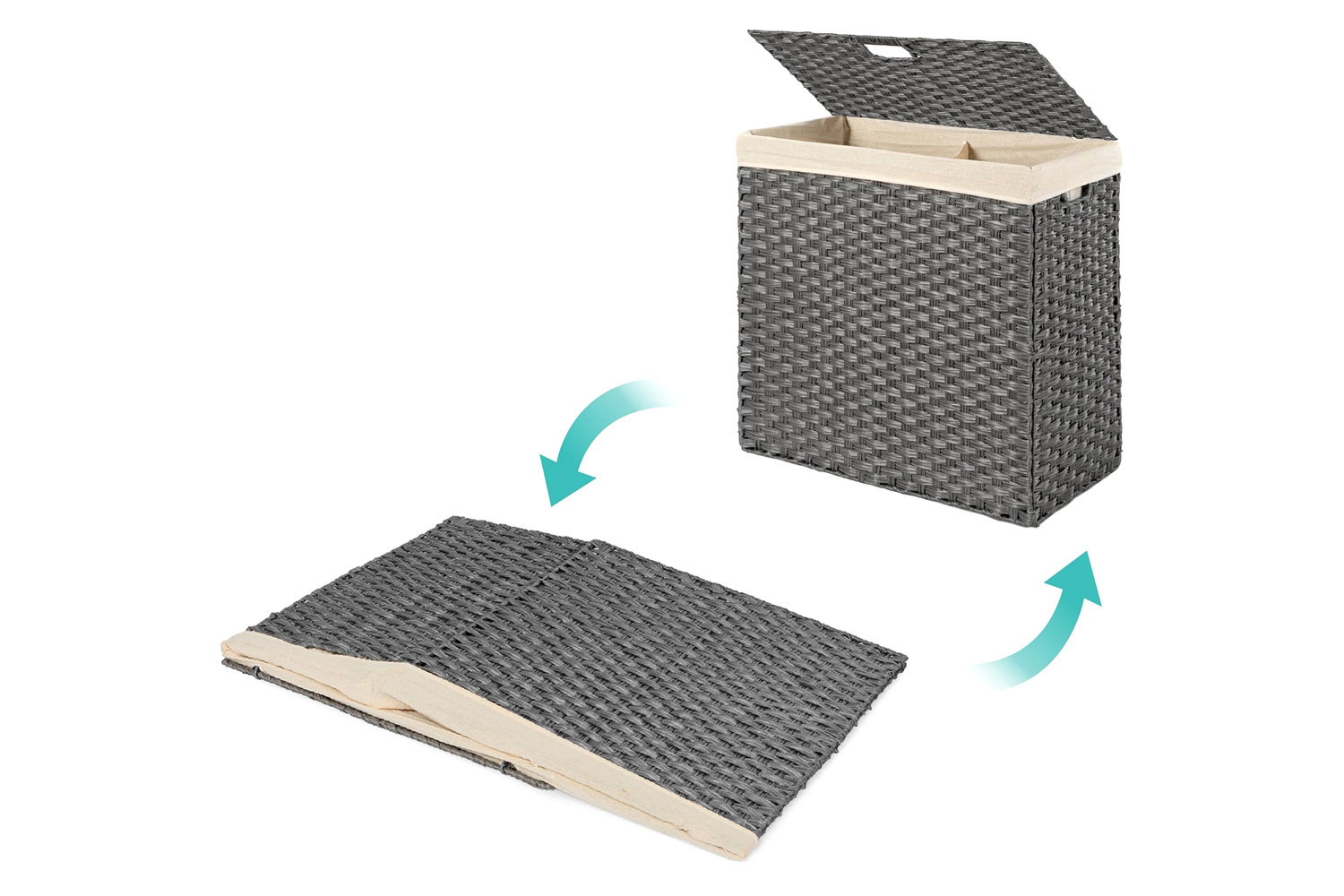 FaFurn Folding 2-Bin Pe Wicker Linen Liner Laundry Hamper with Handles - Gray