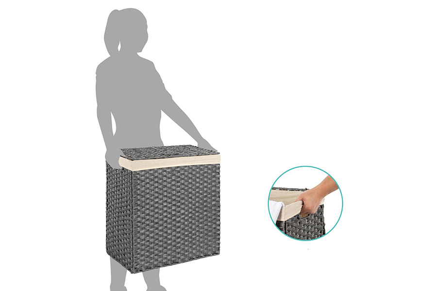 FaFurn Folding 2-Bin Pe Wicker Linen Liner Laundry Hamper with Handles - Gray