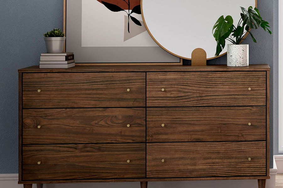 FaFurn Farmhouse Rustic Mid Century 6 Drawer Dresser - Rustic Walnut