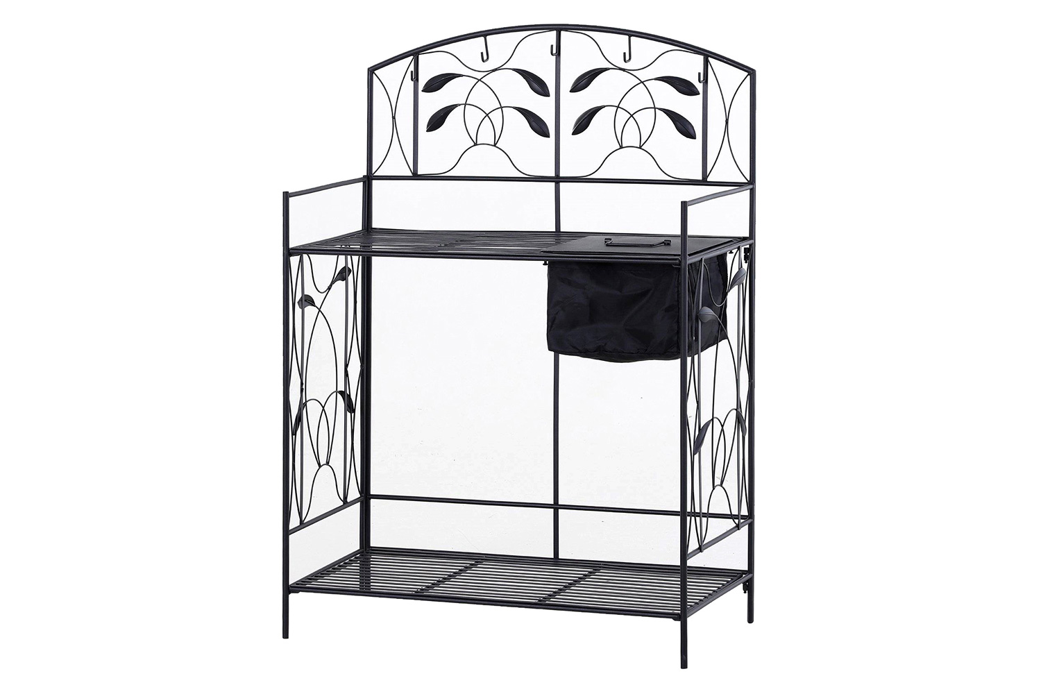 FaFurn™ Black Metal Potting Bench with Wrought Iron Vine Accents and