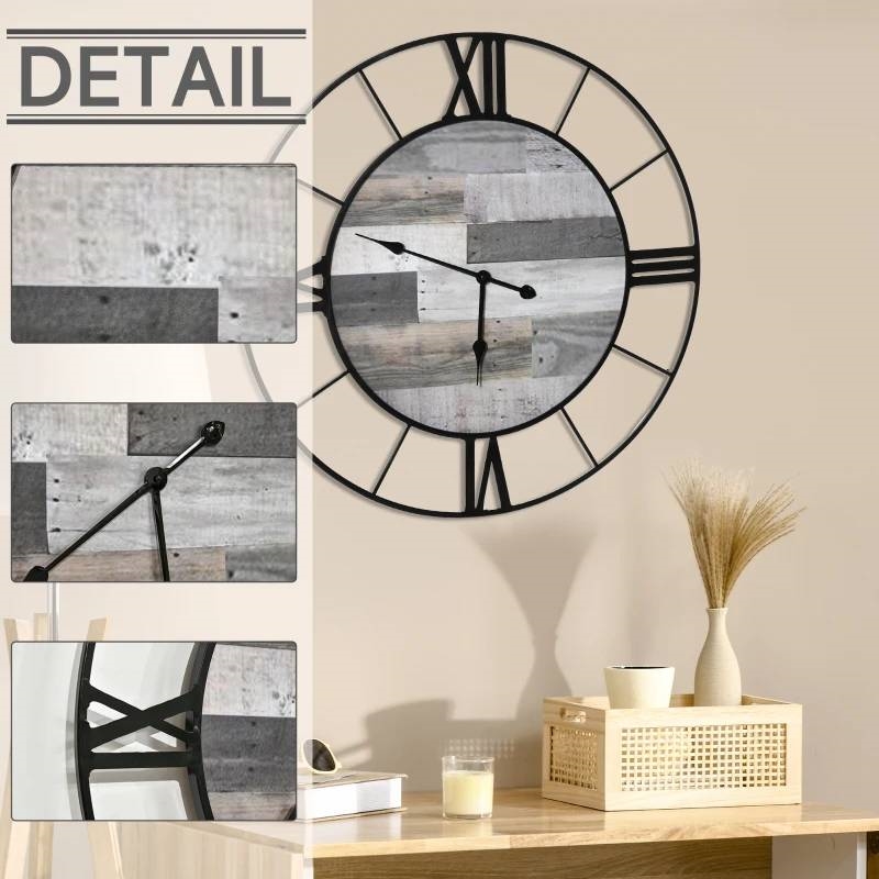 FaFurn - Wall Clock with Roman Numerals and Grey Wood Interior in Black/Gray, Metal/Wood