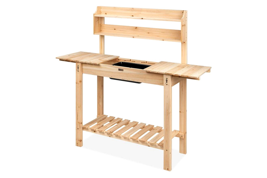 FaFurn - Outdoor Garden Wood Potting Bench Expandable Top with Food Grade Plastic Sink