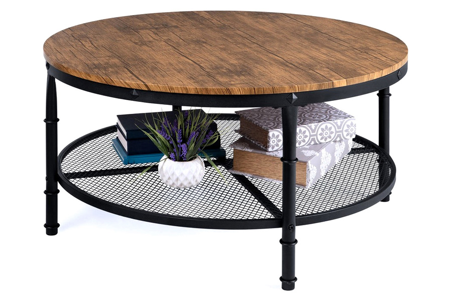 FaFurn - Farmhome Industrial Wood Steel Coffee Table 2-Tier Round with Storage Shelves