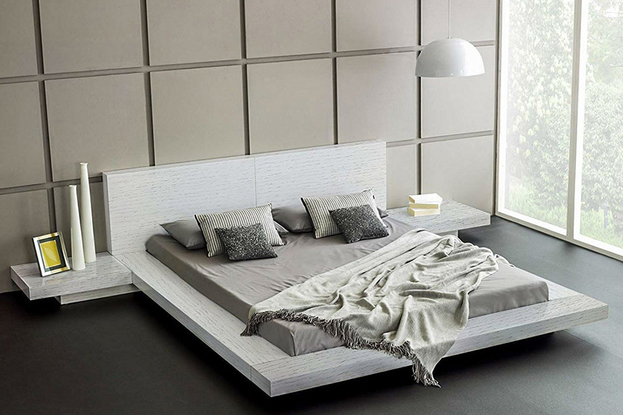 FaFurn - Modern Japanese Style Platform Bed with Headboard and 2 Nightstands
