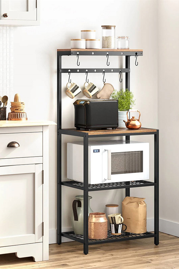 FaFurn - Modern Industrial Metal Wood Bakers Rack with Microwave Shelf