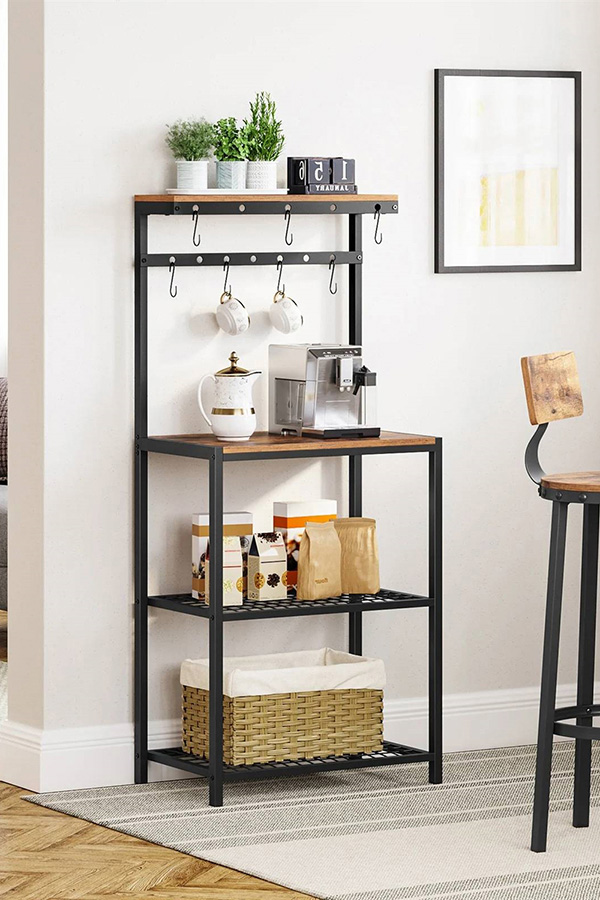 FaFurn - Modern Industrial Metal Wood Bakers Rack with Microwave Shelf