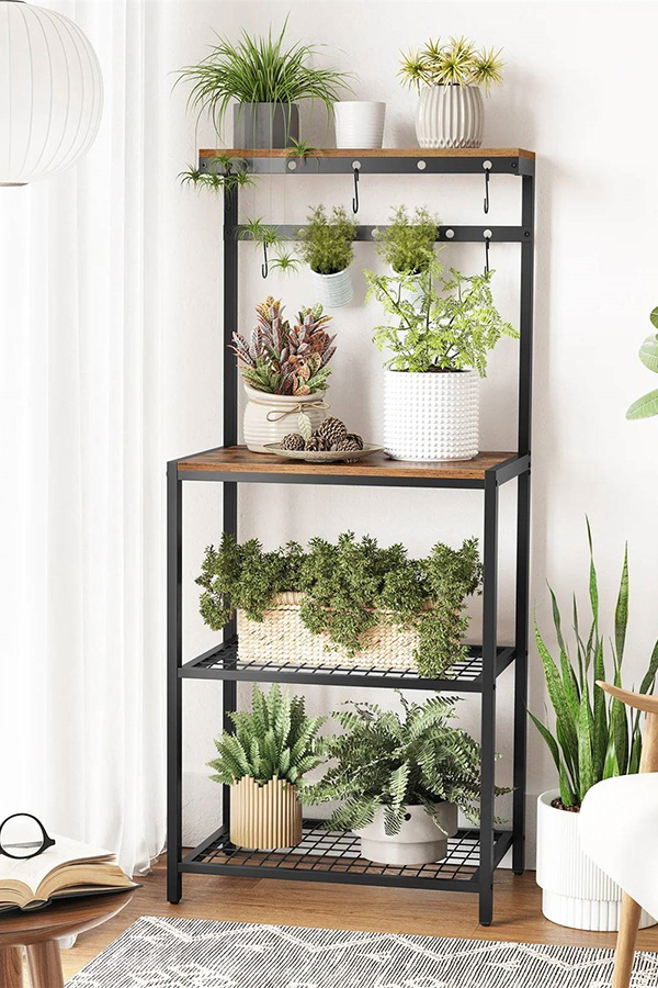 FaFurn - Modern Industrial Metal Wood Bakers Rack with Microwave Shelf