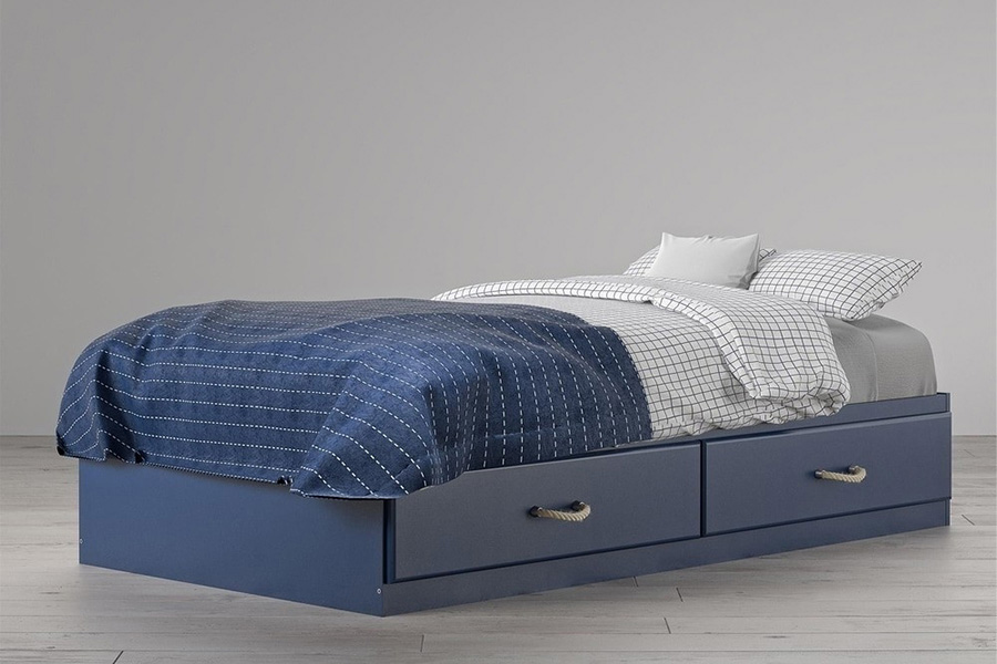 FaFurn - Twin Size Blue Platform Bed with 2 Storage Drawers Rope Handles