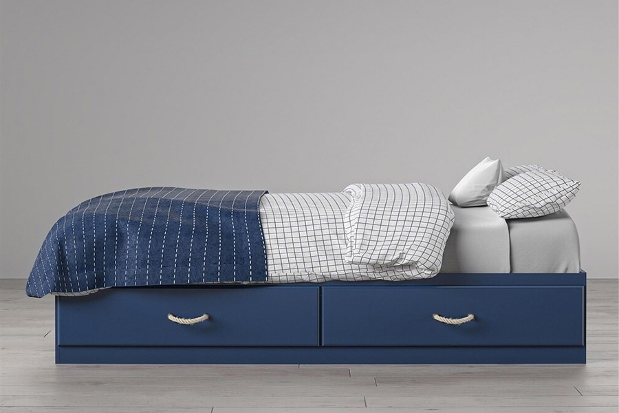 FaFurn - Twin Size Blue Platform Bed with 2 Storage Drawers Rope Handles