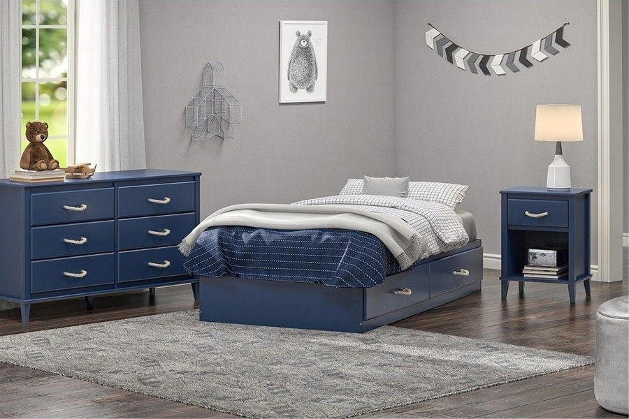 FaFurn - Twin Size Blue Platform Bed with 2 Storage Drawers Rope Handles