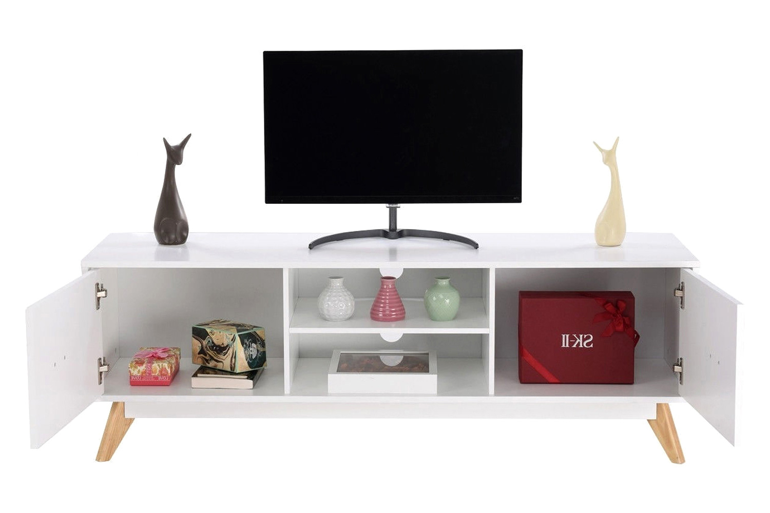 FaFurn - Modern Mid Century Style White TV Stand with Wood Legs
