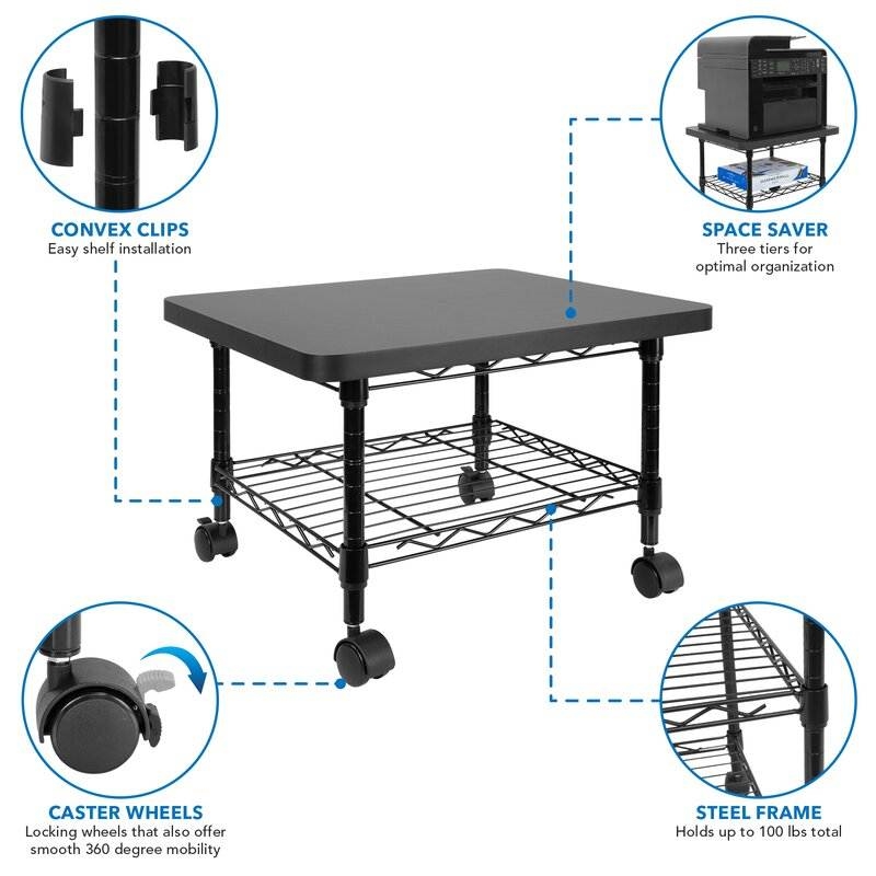 FaFurn - 2-Tier Printer Stand with Casters in Black, Metal