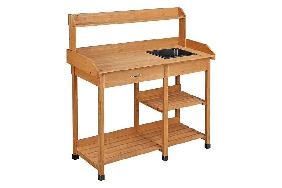 FaFurn - Outdoor Garden Wood Potting Bench Work Table with Sink in Light Wood Finish