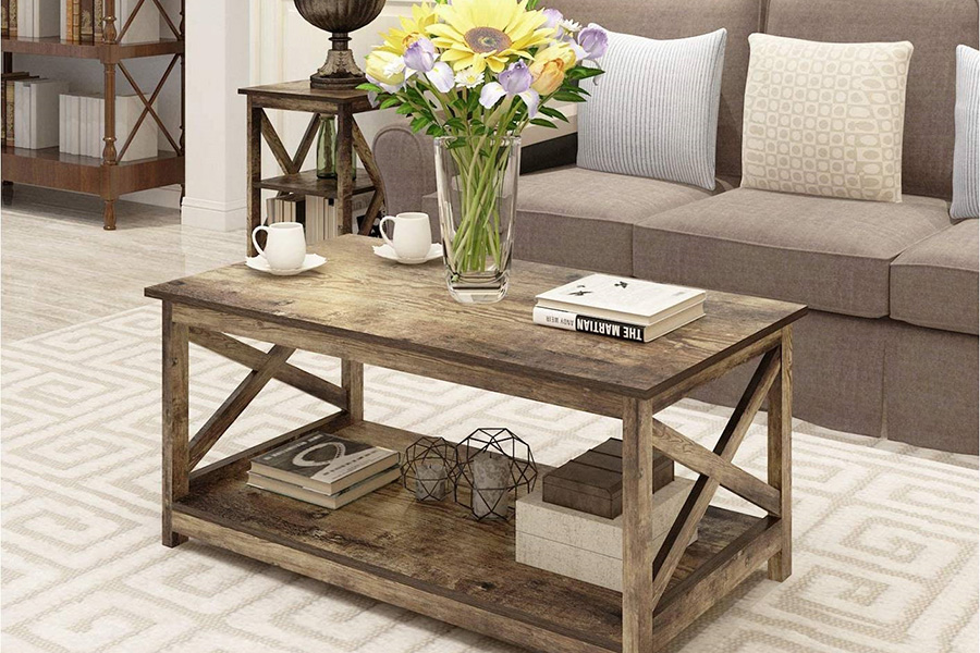 FaFurn Contemporary 2-Tier Farmhouse Coffee Table - Rustic