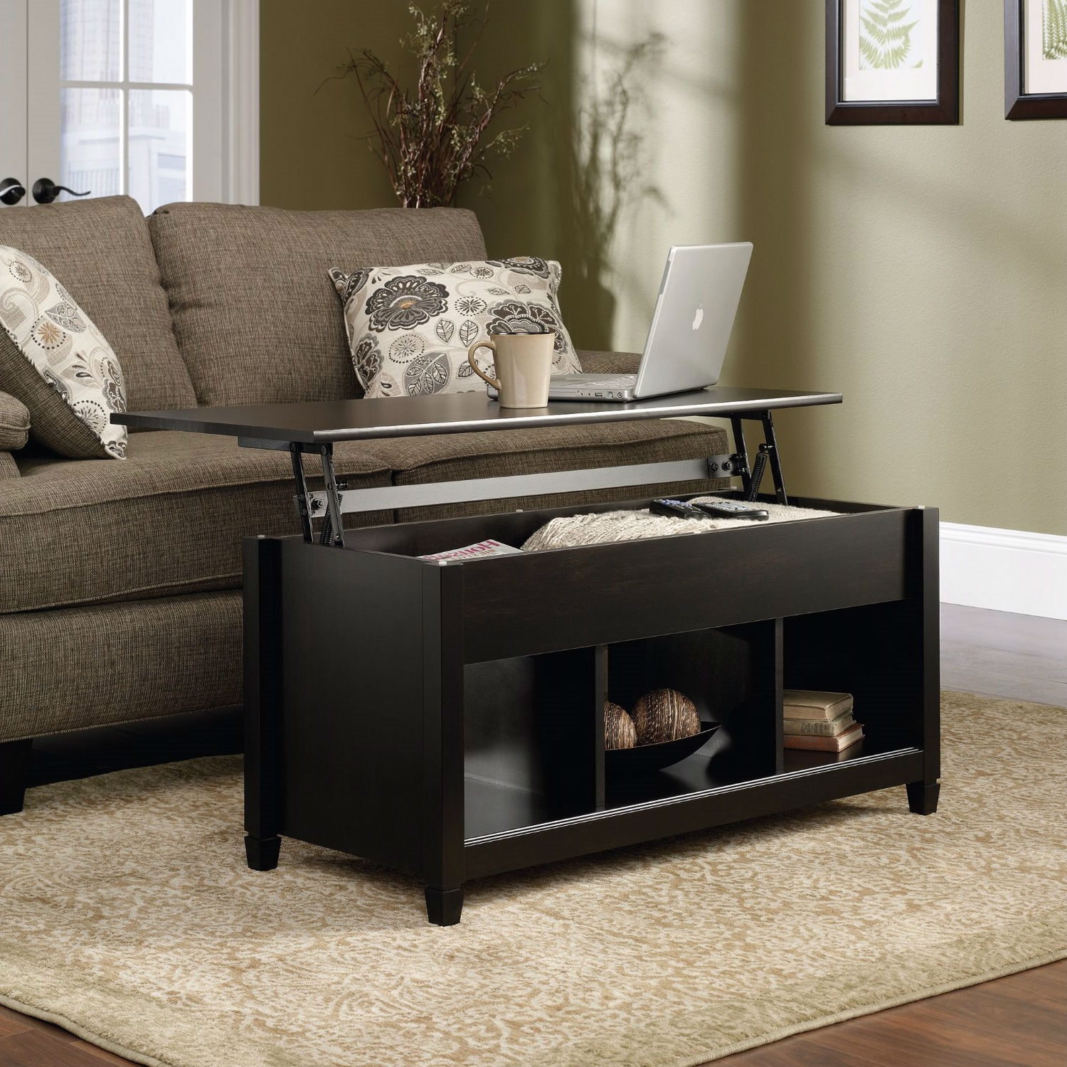 FaFurn - Coffee Table with Bottom Storage Space in Black, Wood