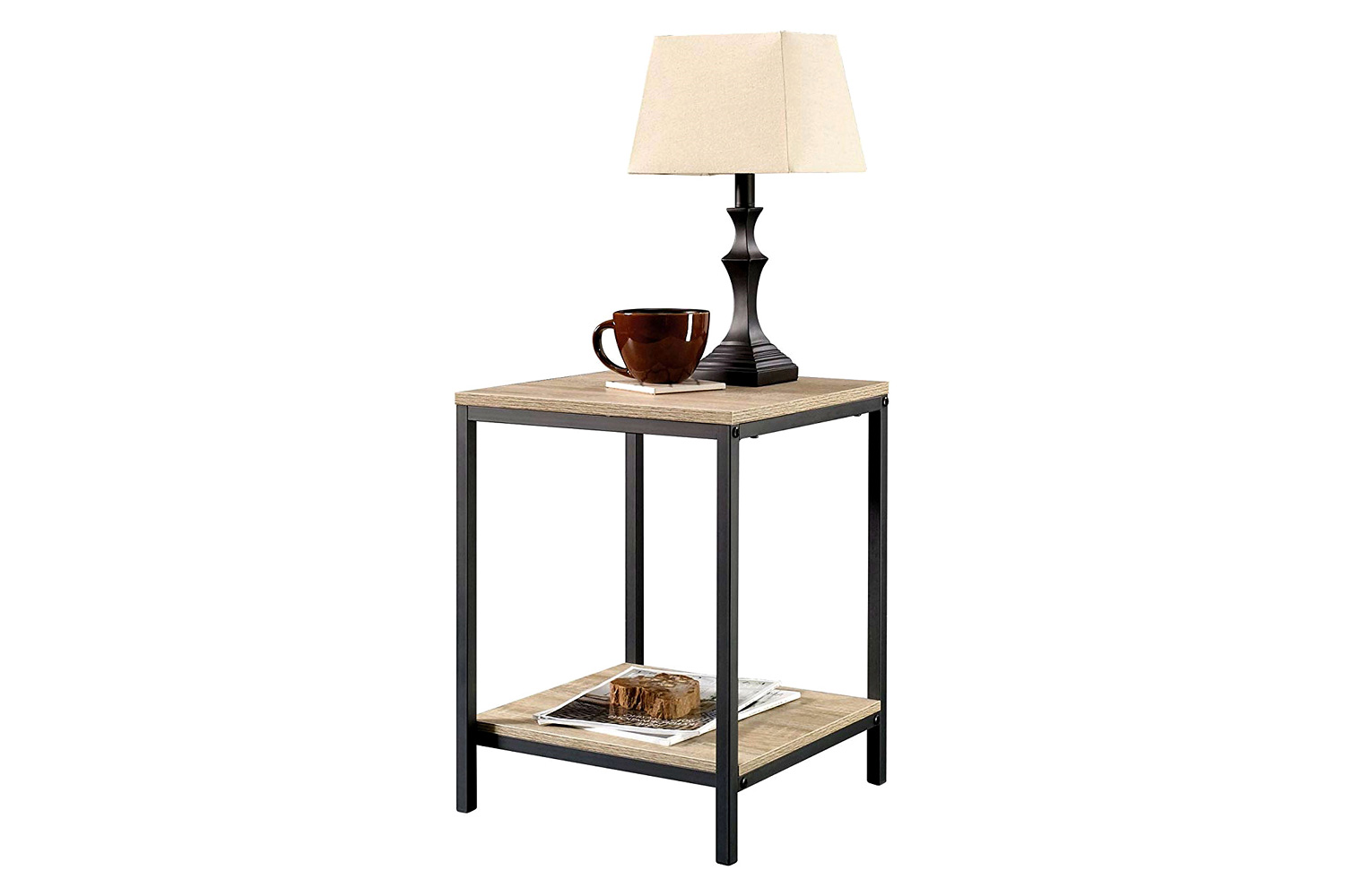 FaFurn - Modern Black Metal Frame End Table with Oak Finish Wood Top and Bottom Shelf